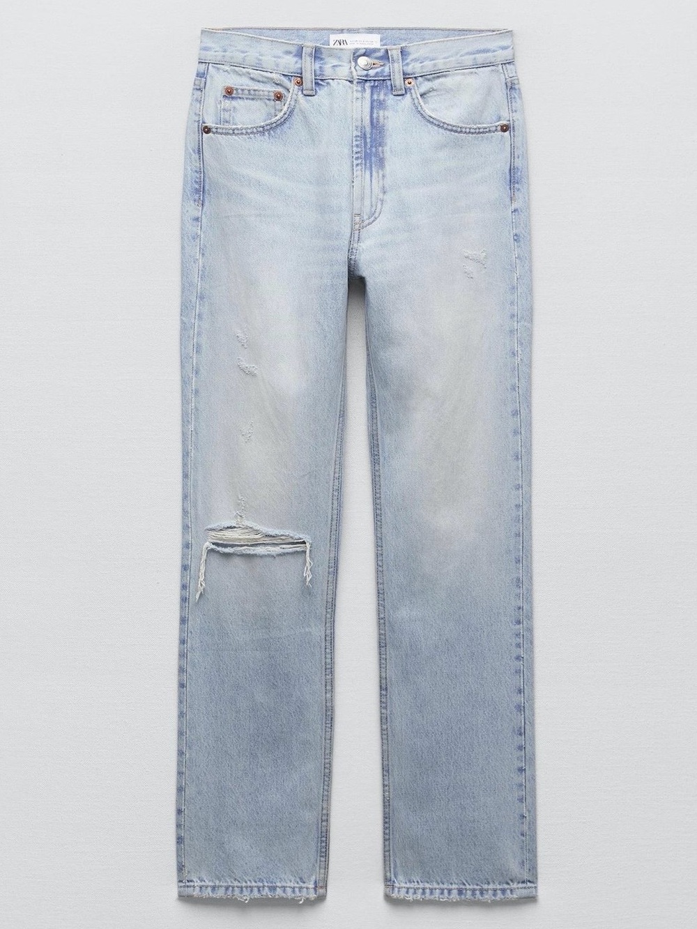 Zara 90’s Light Wash Distressed High-Rise TRF Ripped Straight Leg Jeans